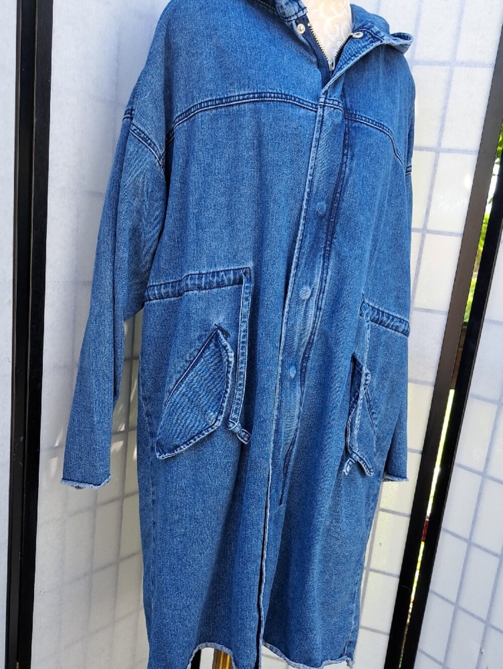 Forever 21 Womens Blue Denim Jean Hooded Long Jacket Size L - Picture 2 of 12